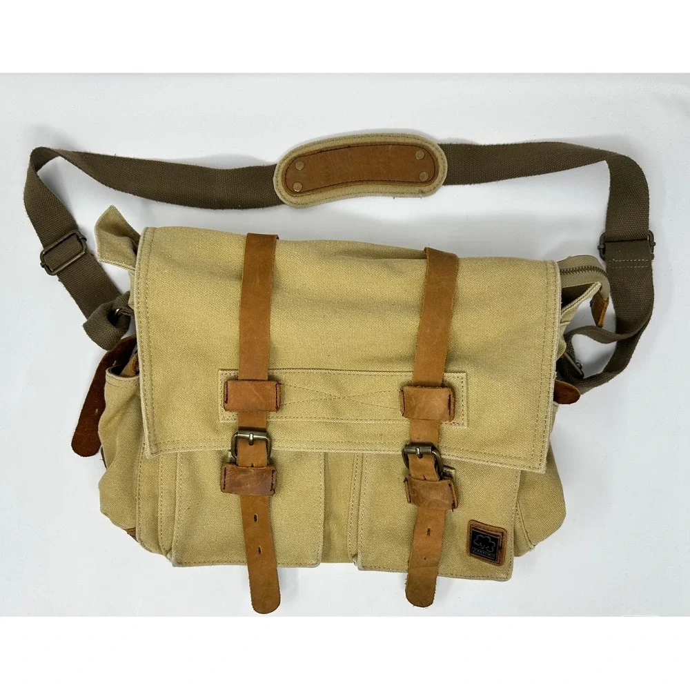 Sechunk Vintage Canvas Messenger Bag Leather Trim Khaki Satchel Laptop Bag Stain